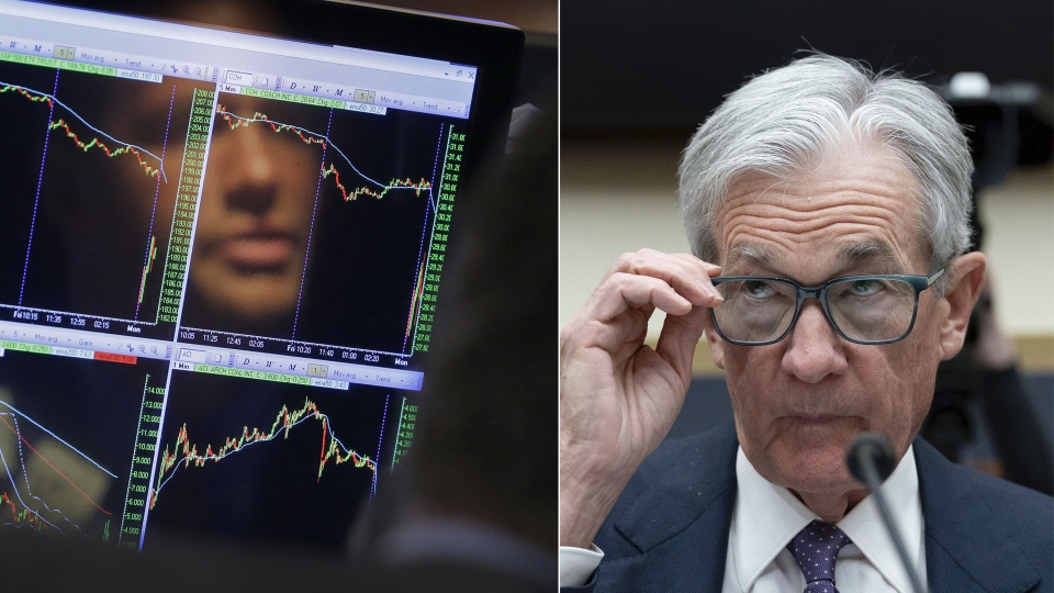 Fed-chefen Jerome Powell som tittar rakt framåt, tillsammans med en bild på en kurva som går nedåt.
