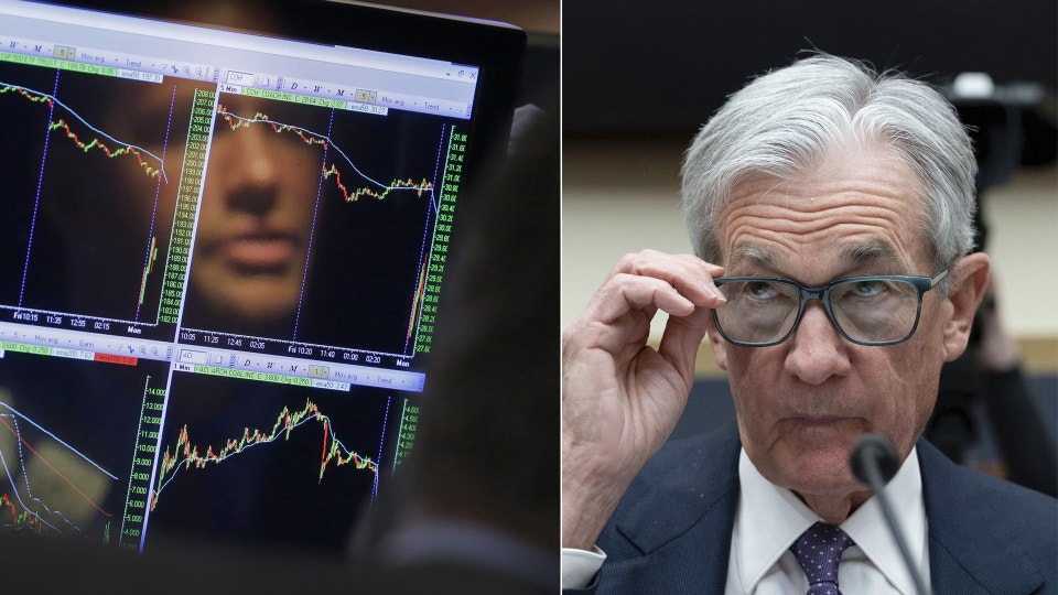 Fed-chefen Jerome Powell som tittar rakt framåt, tillsammans med en bild på en kurva som går nedåt.