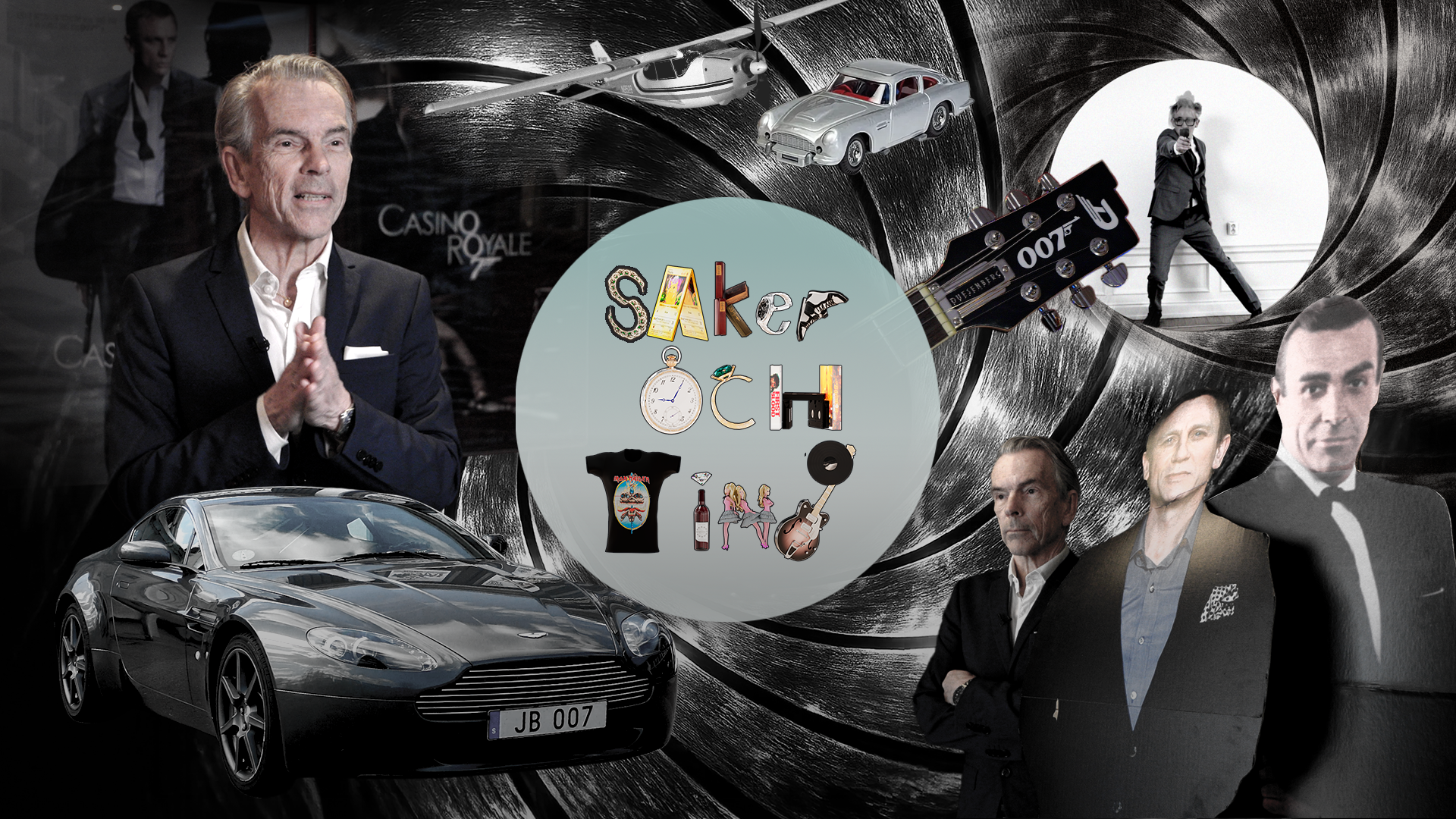 Collage med James Bond-motiv som visar män i kostym, en sportbil, filmkamera, vapen, klocka, champagne och andra ikoniska attribut från Bond-filmerna arrangerade runt texten SOK och OND.