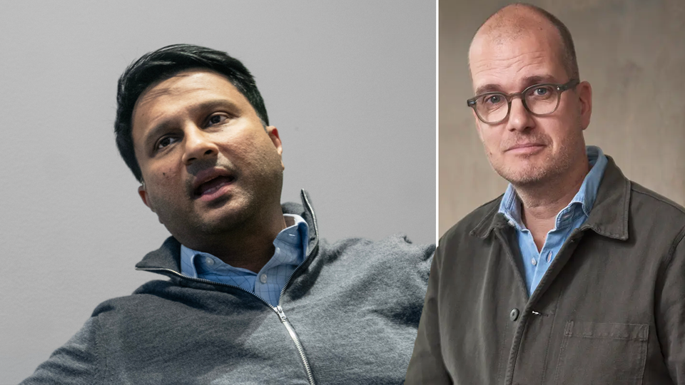 Porträttfoto av två män presenterade sida vid sida. Till vänster en man med mörkt hår och skägg, klädd i grå hoodie och blå skjorta, fotograferad mot ljus bakgrund. Till höger en man med glasögon, klädd i grå jacka över blå skjorta, fotograferad mot neutral beige bakgrund.
