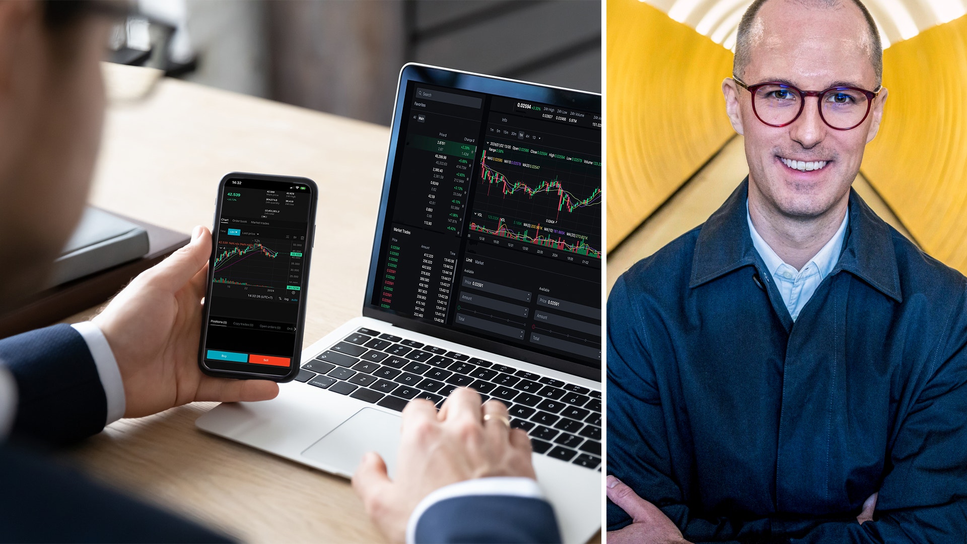 Splitbild: Till vänster syns en person som använder Avanza på sin mobil och till höger är en bild på Philip Scholtzé, Avanza.
