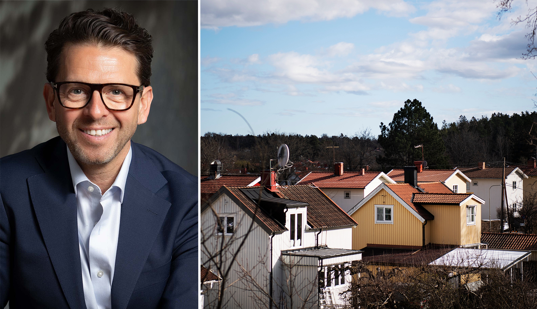 Sammansatt bild med porträtt av en man till vänster och ett bostadsområde med flera villor med röda tak till höger.