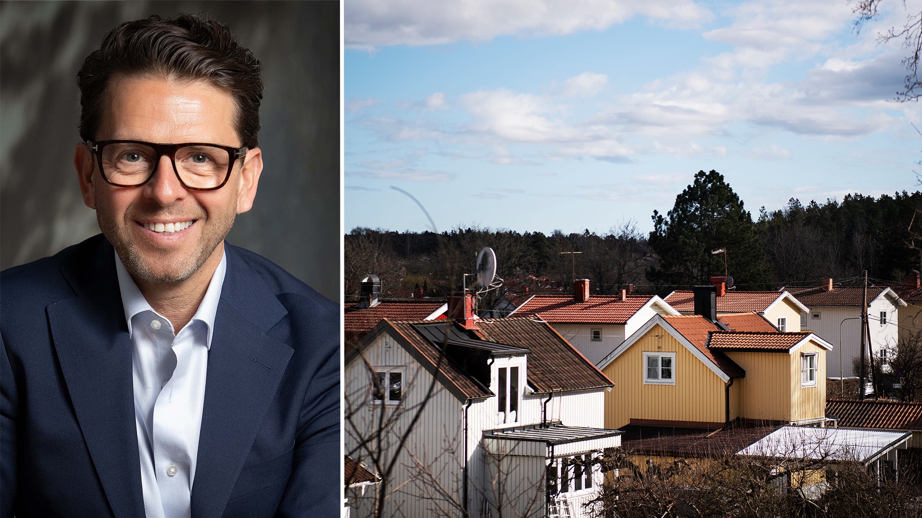 Sammansatt bild med porträtt av en man till vänster och ett bostadsområde med flera villor med röda tak till höger.