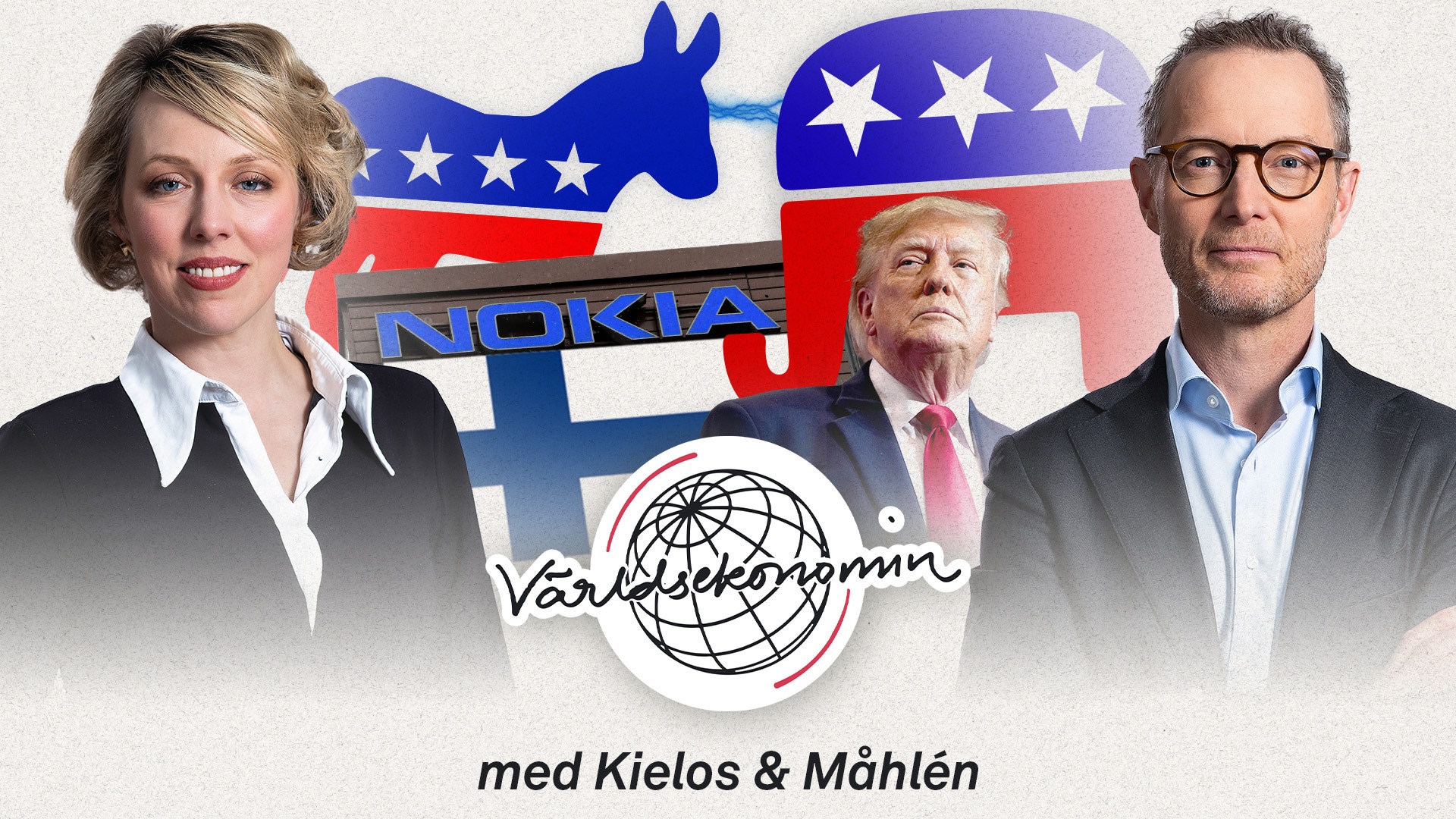 Programbild för podden Världsekonomin med Kielos & Måhlén. En kvinna och en man står framför amerikanska politiska symboler och en Nokia-skylt, tillsammans med Donald Trump.