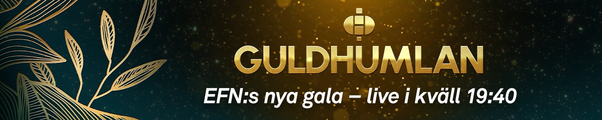 Banner för Guldhumlan, EFNs nya gala som sänds live klockan 19:40. Designen visar gulddetaljer och text på mörk bakgrund.