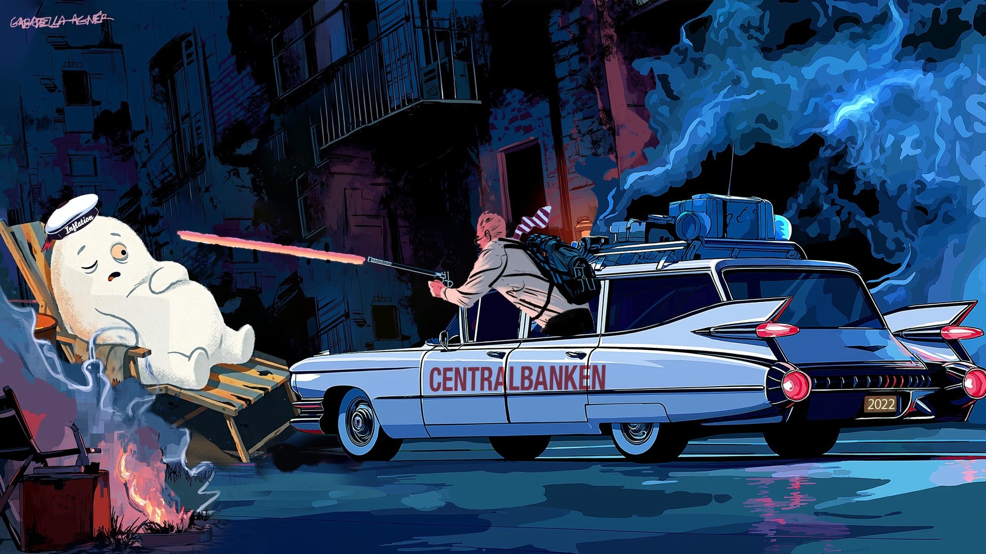 En spöke skjuter en energistråle mot Ghostbusters-bilen ECTO-1 på en mörk stadsgata.