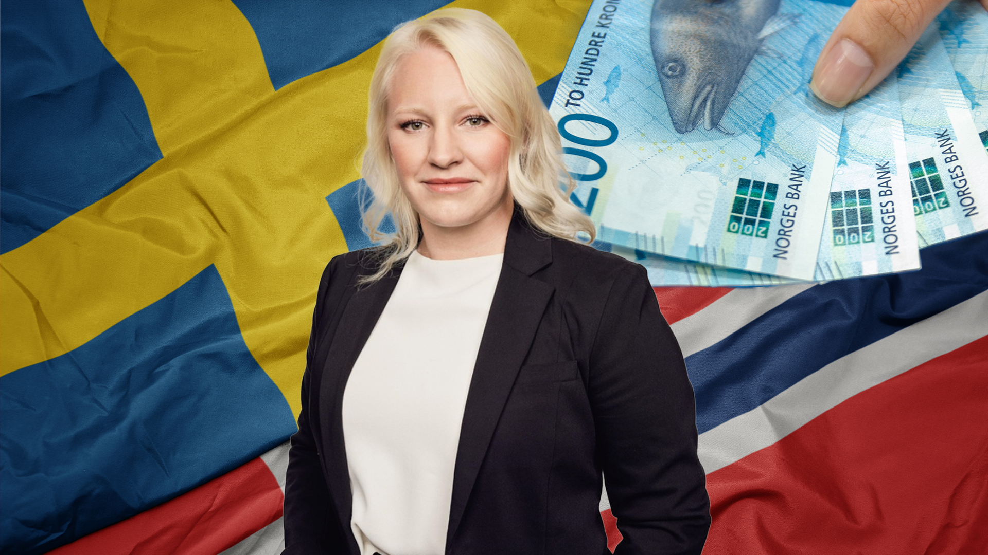 Amanda Sundström framför ett montage med norska och svenska flaggan samt några norska sedlar.