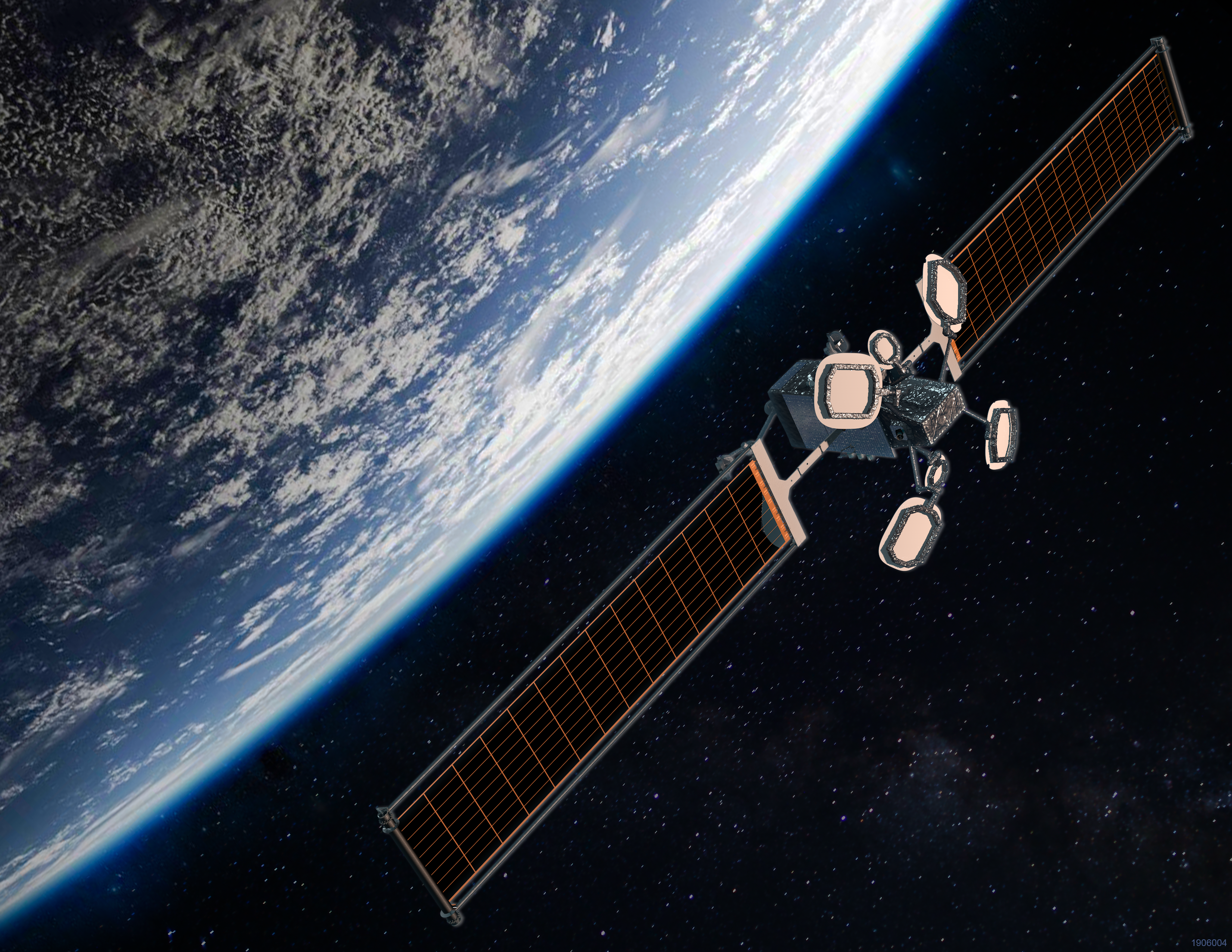 En satellit i omloppsbana runt jorden med solpaneler utfällda, fotograferad från rymden med jordens atmosfär och molniga kontinenter synliga i bakgrunden.