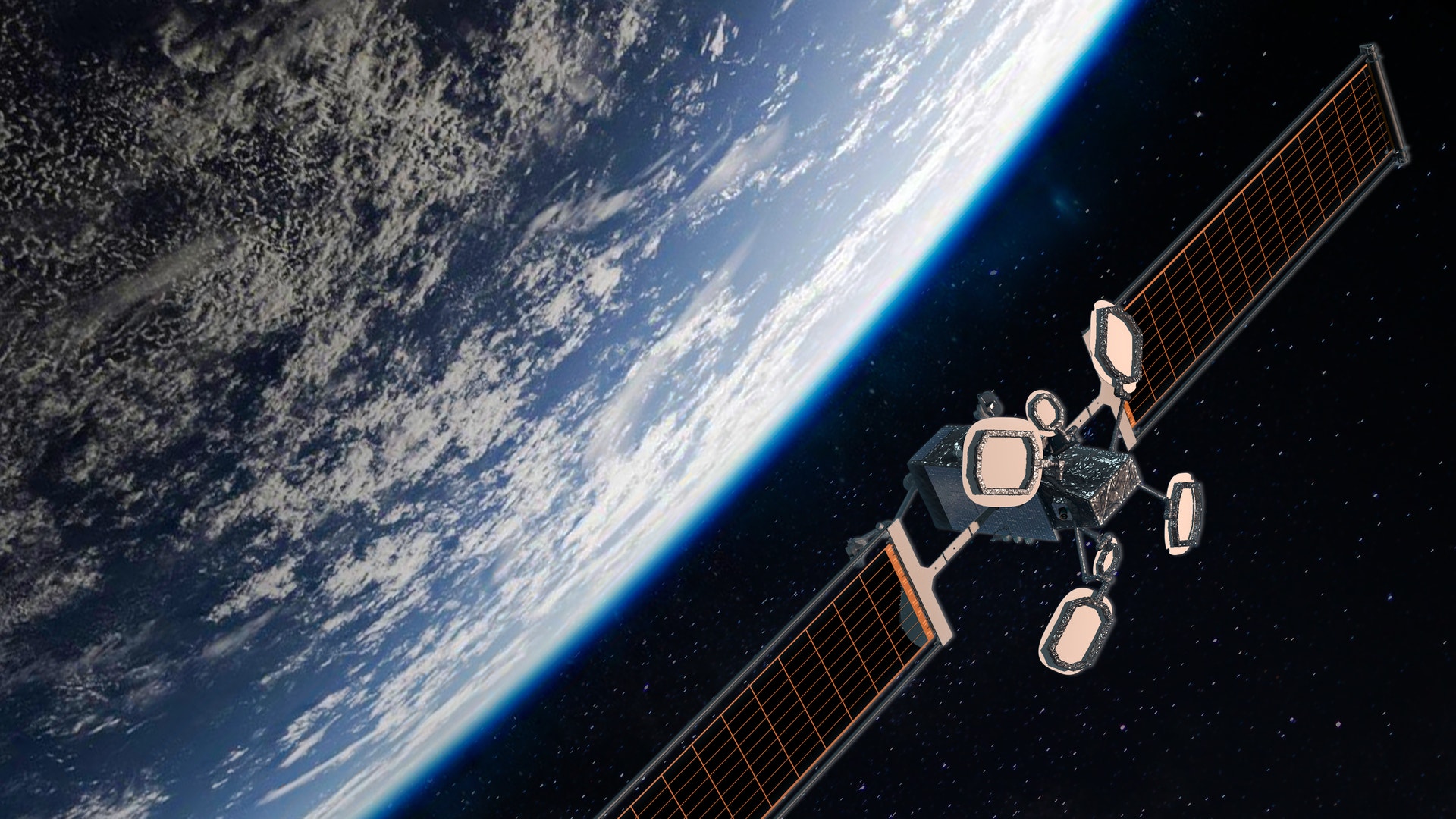 En satellit i omloppsbana runt jorden med solpaneler utfällda, fotograferad från rymden med jordens atmosfär och molniga kontinenter synliga i bakgrunden.