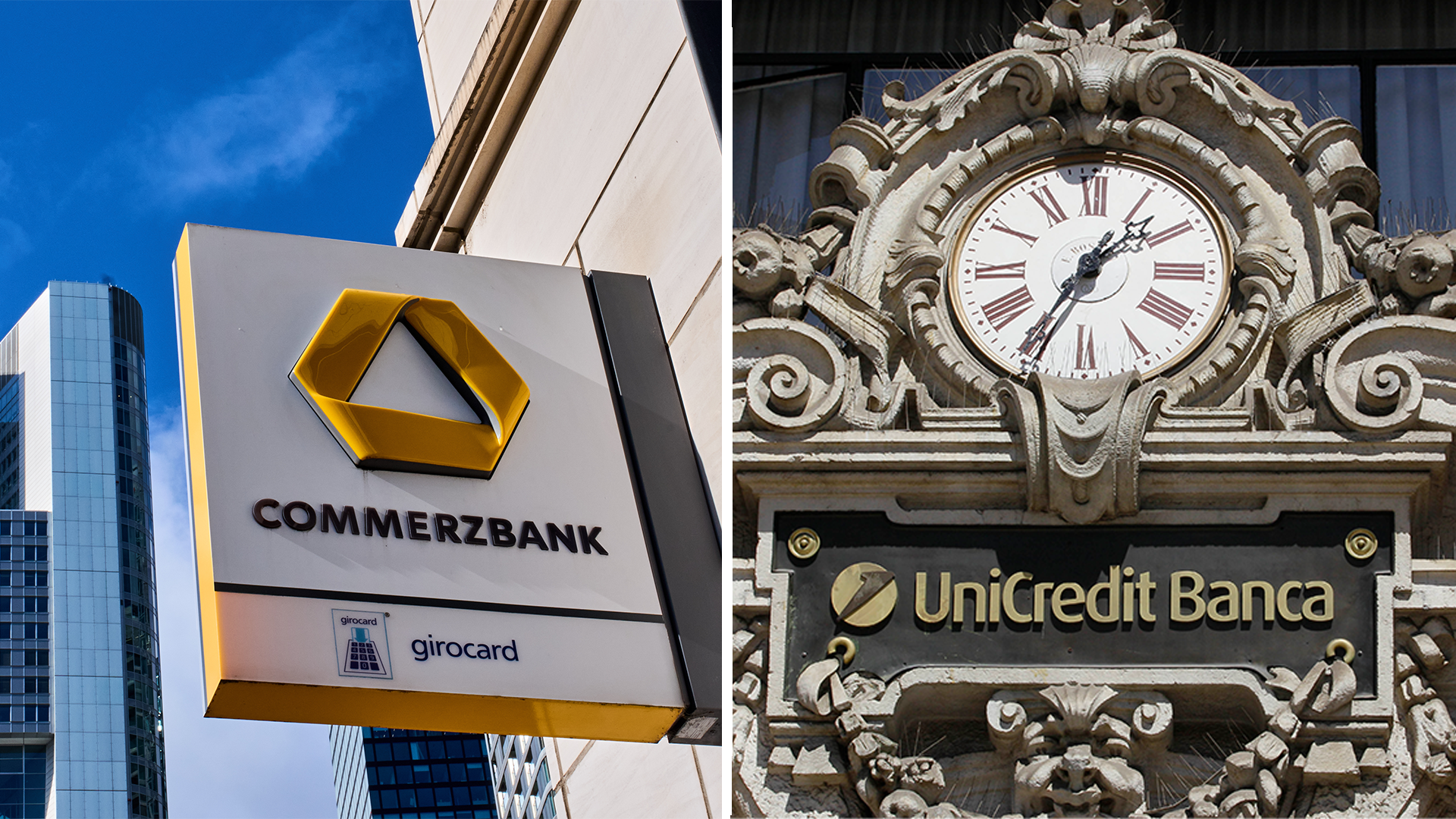Två banklogotyper sida vid sida: Commerzbank-skylt med gul hexagon-logo på vänster sida, och UniCredit Banca-skylt med ornamenterad fasad och klocka på höger sida.