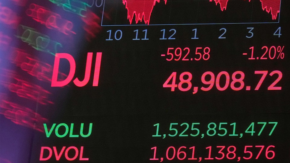 Finansiell handelsöversikt med aktieindex DJI och handelsvolymdata på en digital skärm
