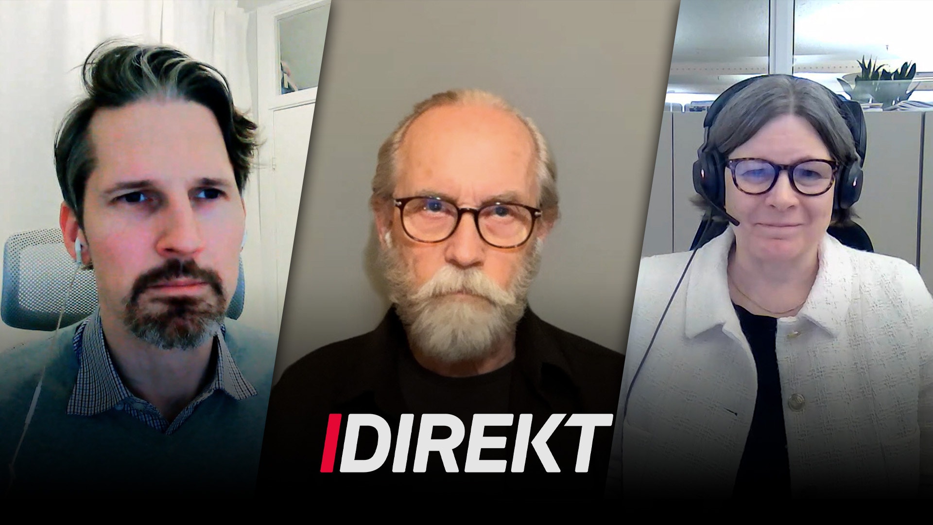 Tre personer i en videomöte eller direktsändning. En man till vänster, en äldre man i mitten och en kvinna till höger med hörlurar.