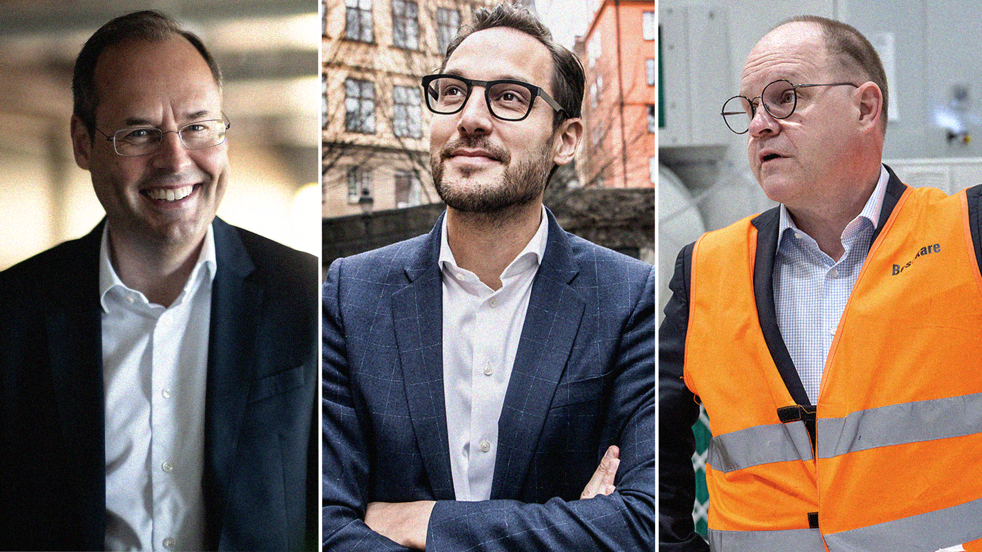 Tre porträttfoton av män i professionell miljö