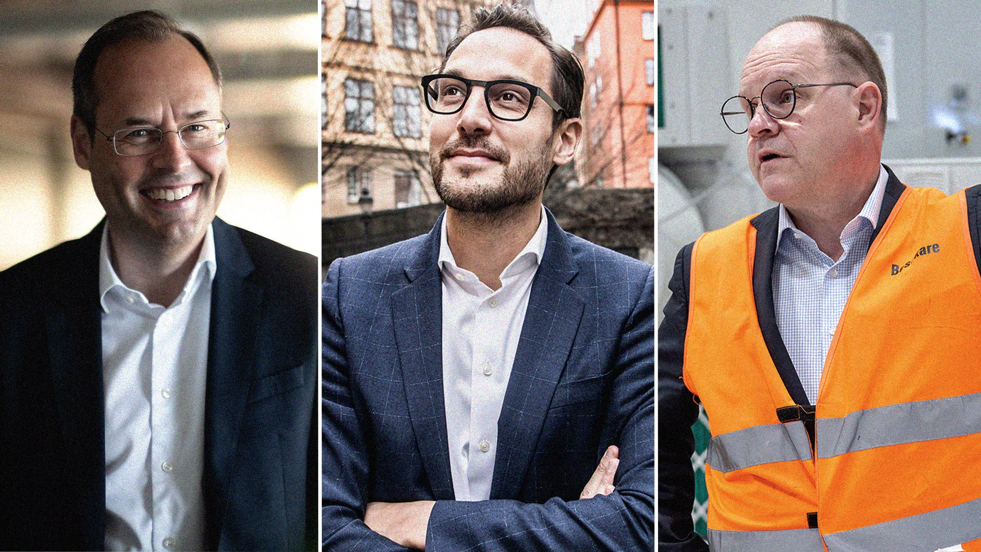 Tre porträttfoton av män i professionell miljö