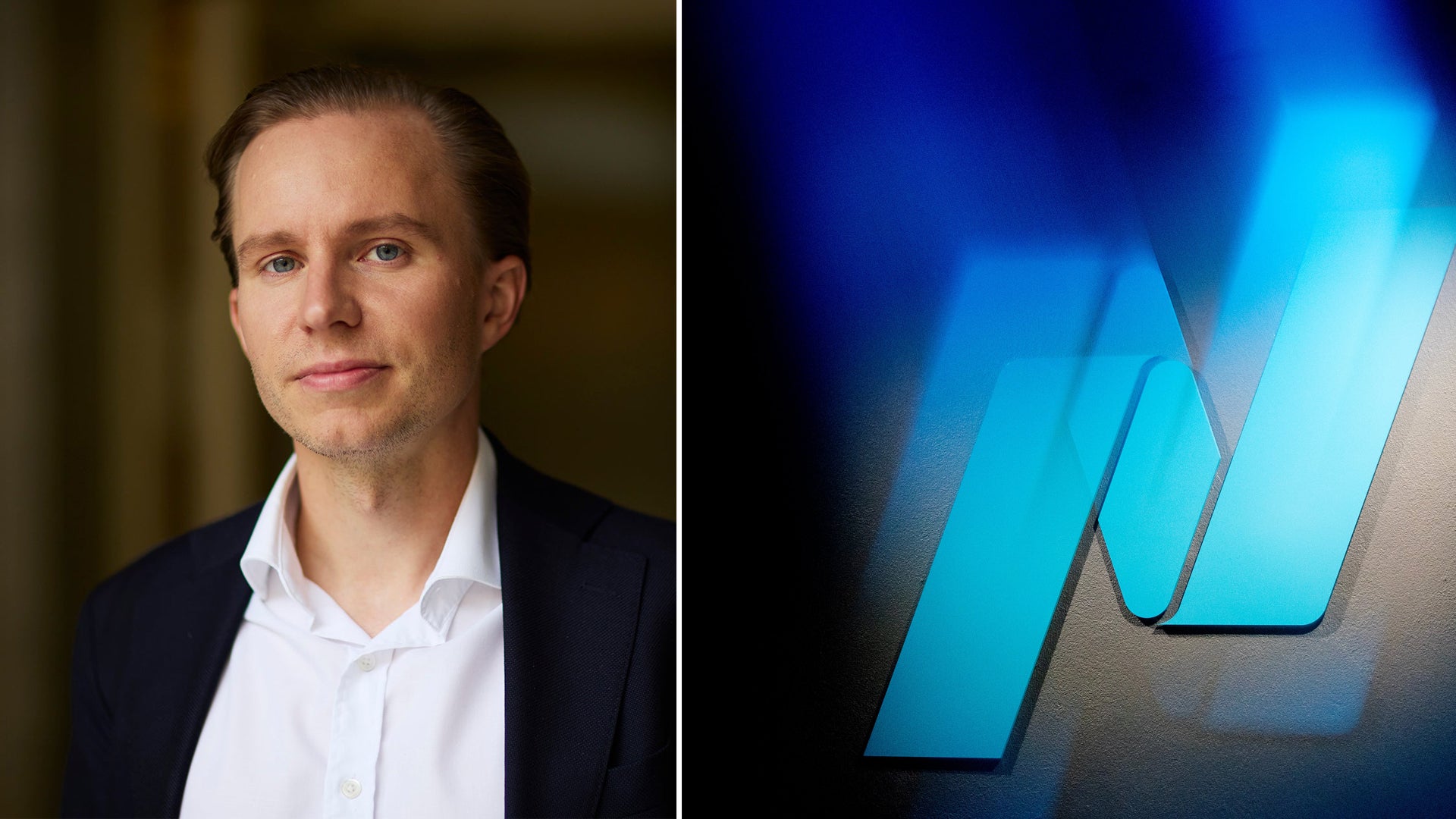 Collage med ett porträtt av en ung man i mörk kavaj och vit skjorta till vänster, och en blå, ljus logotyp till höger.