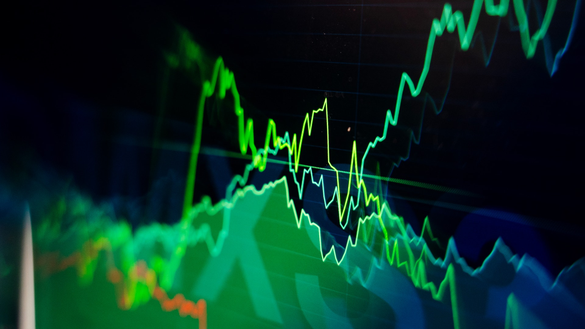 Finansiell graf med flera trendlinjer i grönt, gult och blått som visar marknadskurvor och värdeutveckling över tid.