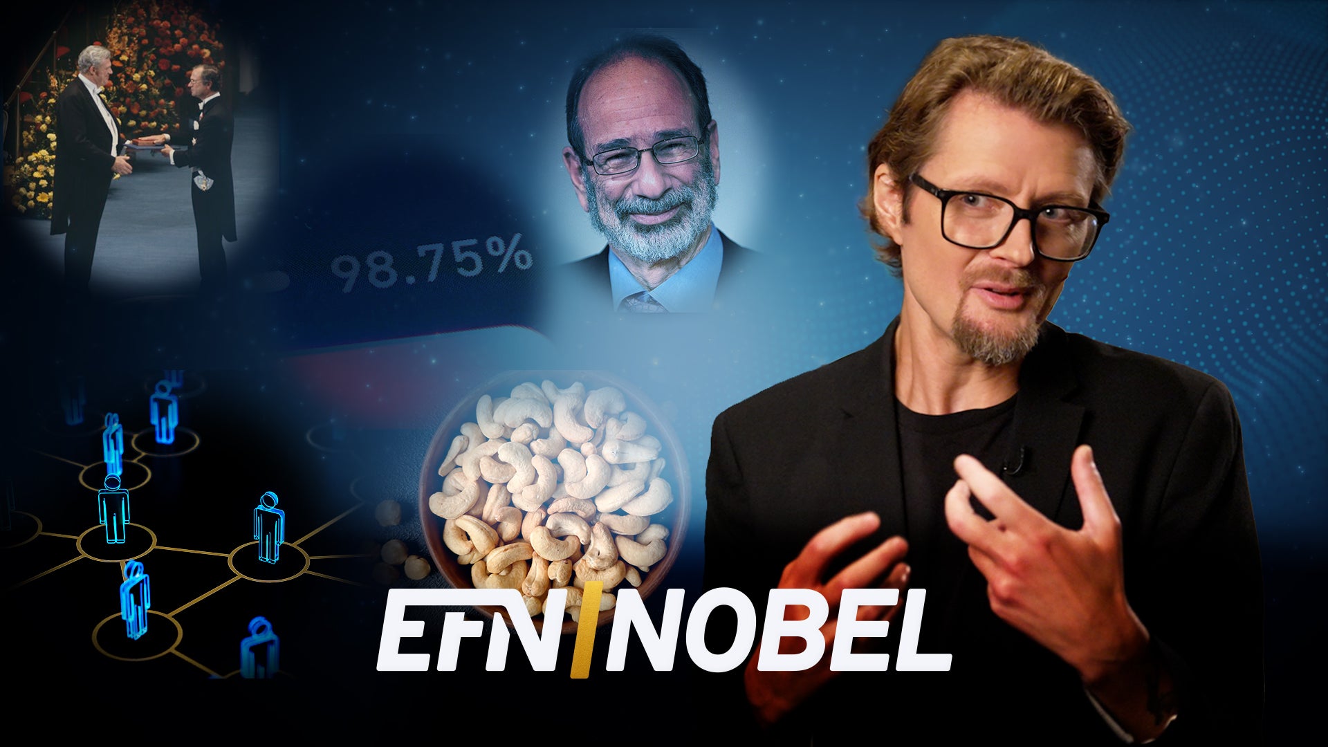 En man med glasögon och skägg pratar och gestikulerar framför en blå bakgrund. Bredvid honom syns ett porträtt av en annan man, en Nobelprisceremoni och en skål med cashewnötter. Loggan "Ekonomi Nobel" visas längst ned.