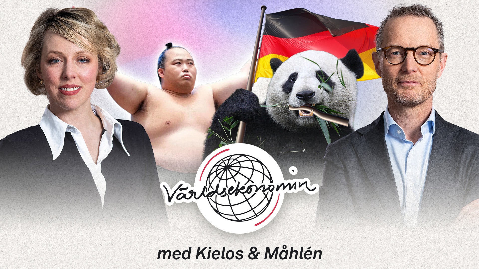 Collage för podcasten Världsrummet med två personer i affärskläder, en panda med tysk flagga och Världsrummet-logotypen. Text: med Kielos & Mählén.