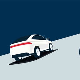 Illustration av en vit bil med röda streck som kör på en väg mot blå bakgrund.