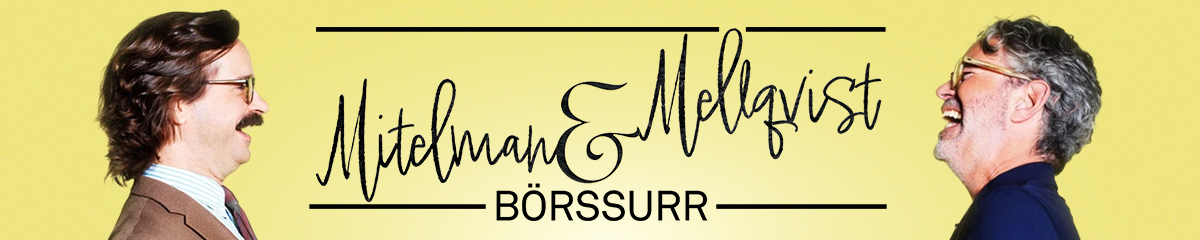 Banner för Mitelmans Melhavist Börssurr med två män i profil mot gul bakgrund
