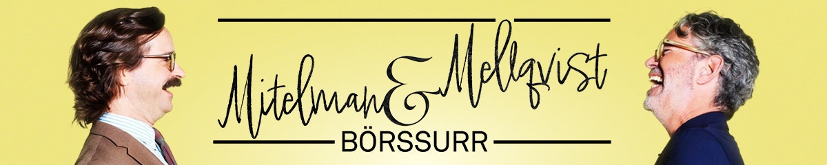Banner för Mitelmans Melhavist Börssurr med två män i profil mot gul bakgrund