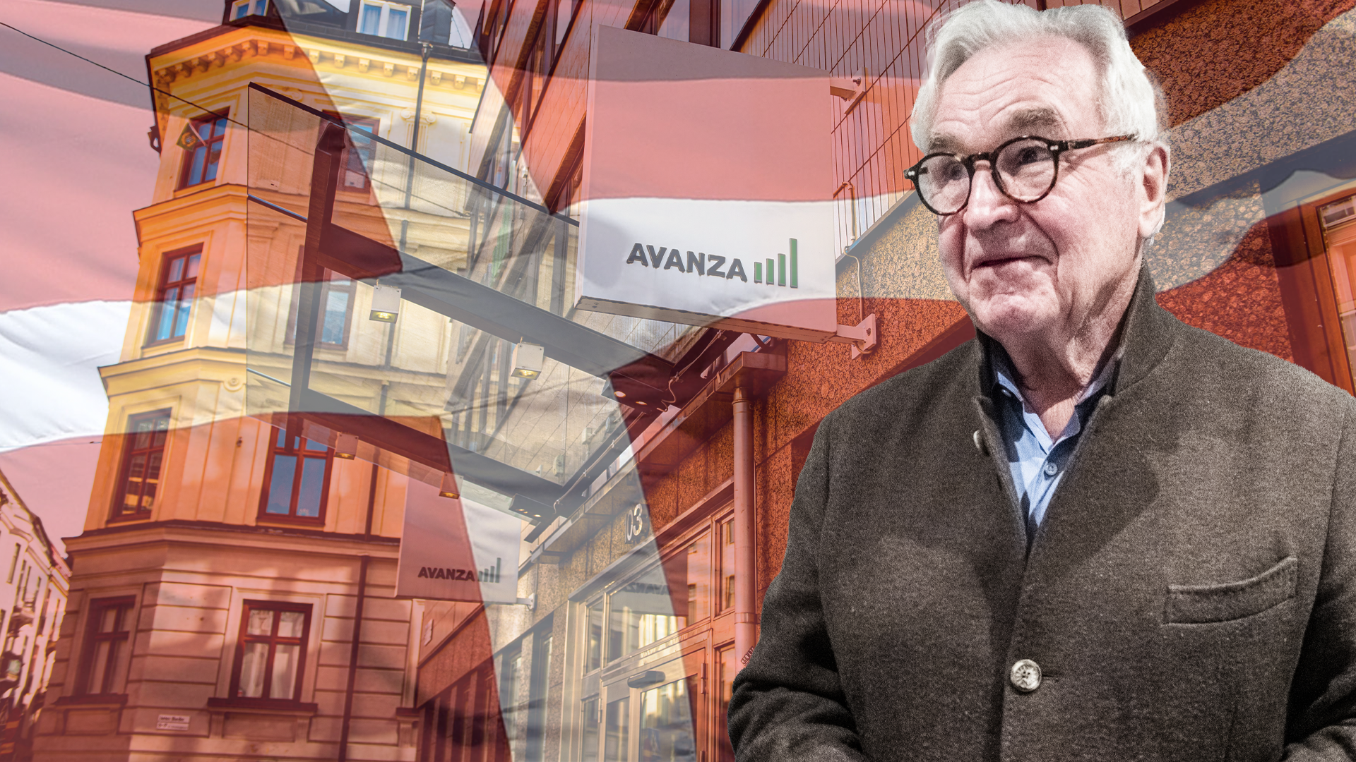 En äldre man med glasögon framför en modern kontorsbyggnad med Avanza-logotypen.