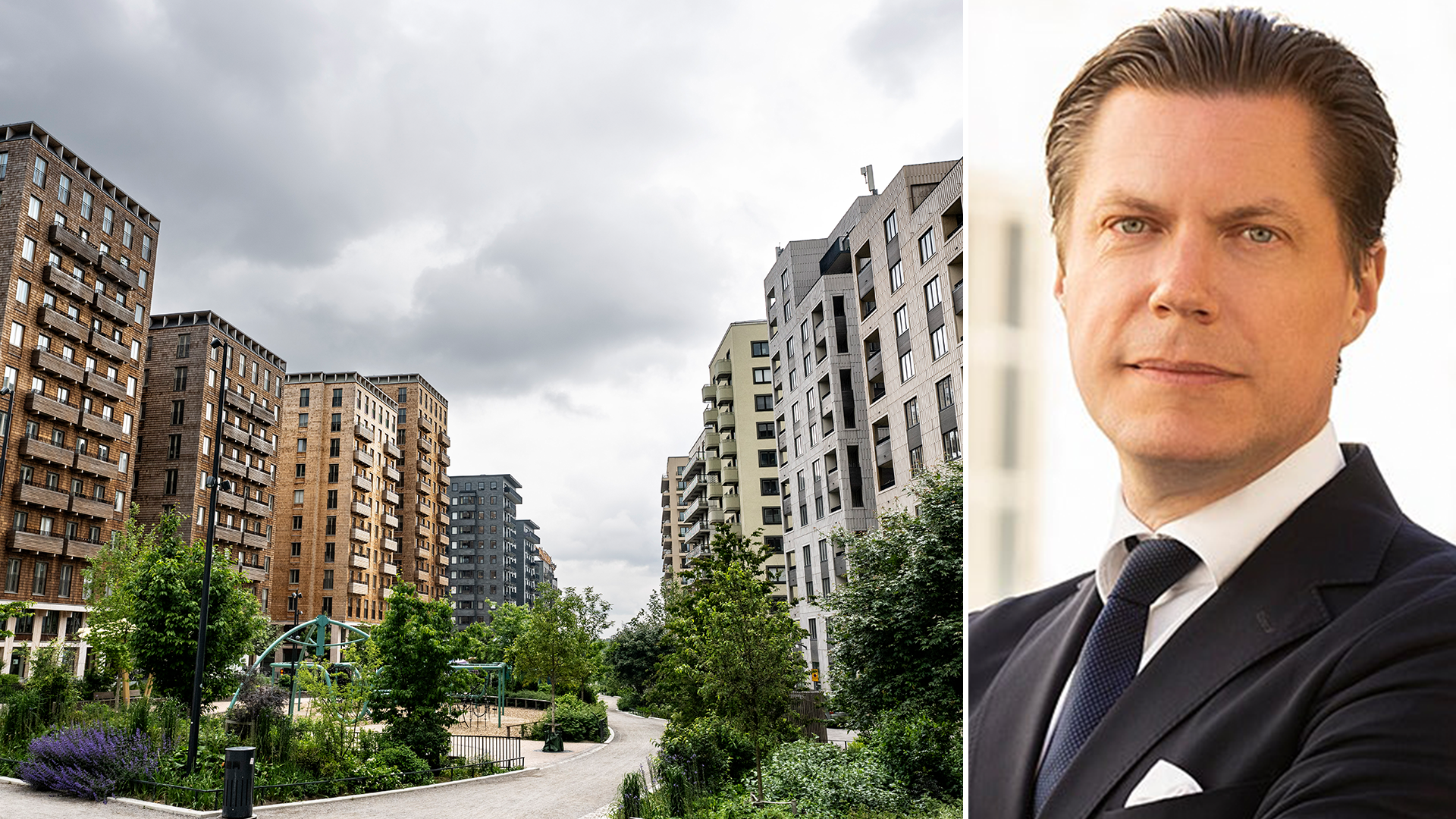 Fastigheter till vänster och Johan Edberg till höger.