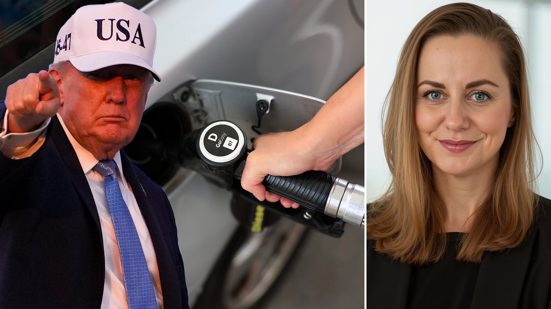 Donald Trump pekar med fingret framför en dieselpump, bredvid en porträttbild av en kvinna.