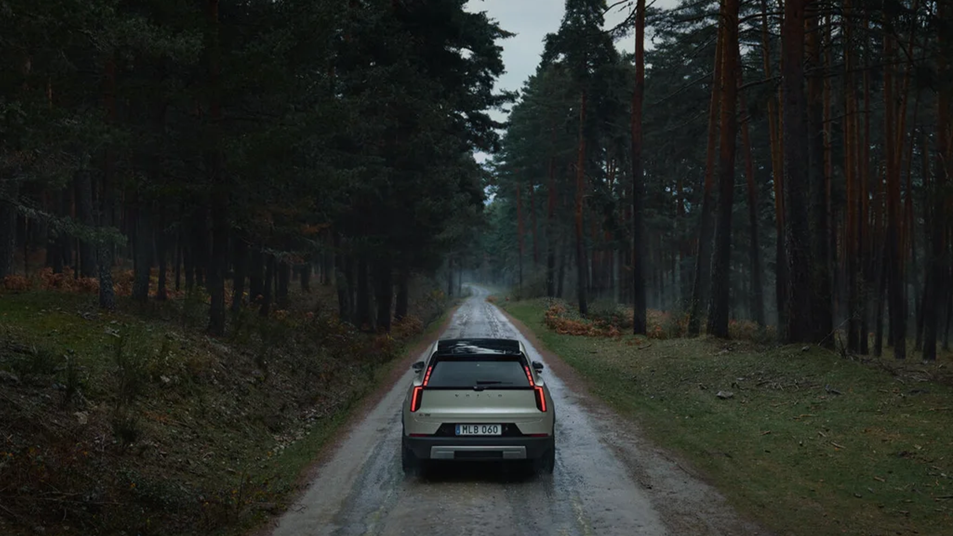 En Volvo-bil kör på en grusväg genom en tät skog med höga träd på båda sidorna.