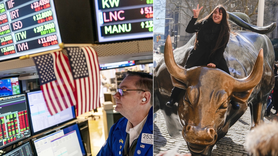 Bild från börsen till vänster och Wall Streets tjur till höger.