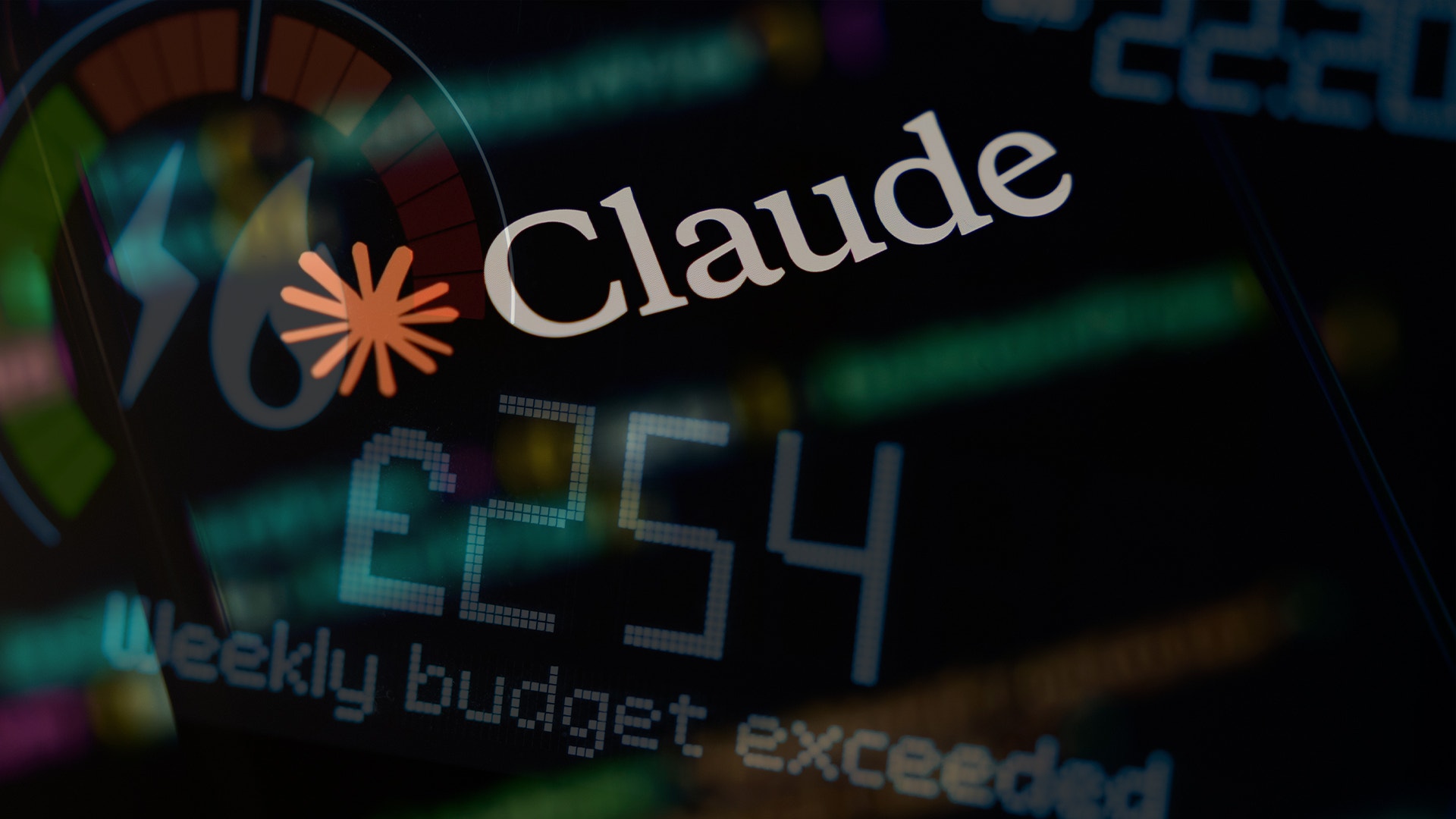 Claude-logotypen med orange stjärnikon och text om budget på mörk bakgrund med neoneffekter.