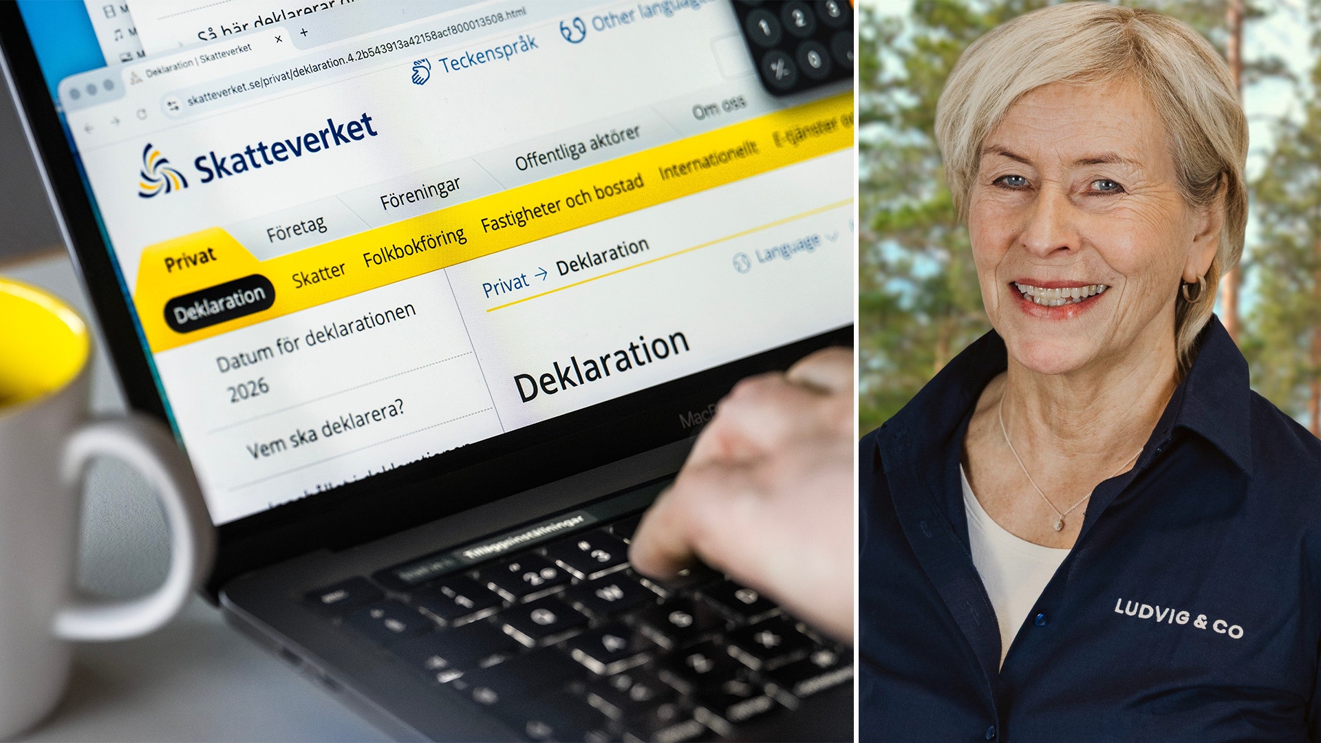 Skatteverkets webbplats med deklarationsformulär på en laptop, tillsammans med ett porträttfoto av en leende kvinna i mörkblå skjorta.