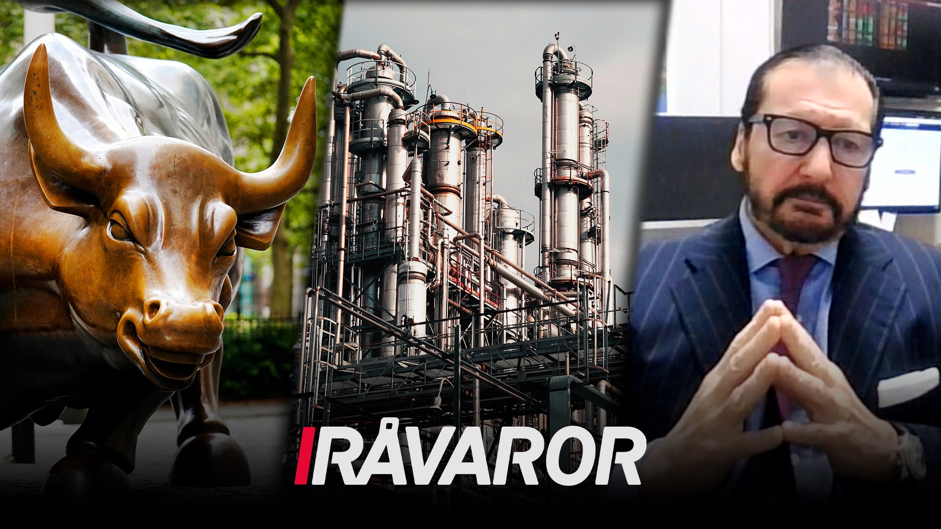 Montage med guldoxe, industriell raffinaderi och affärsman, illustrerar råvaror och energiindustri