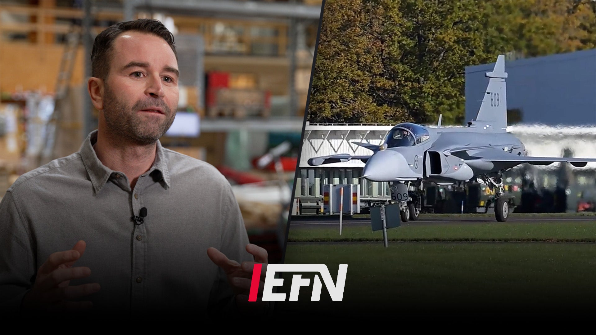 Man i intervju bredvid en militär stridsflygplan