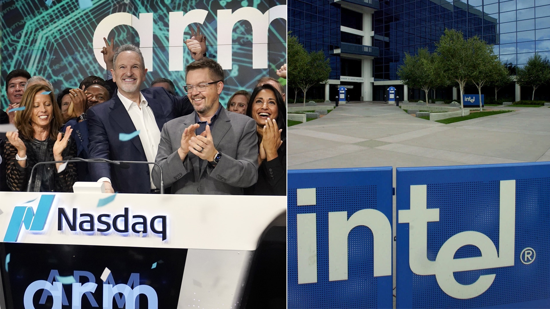 Sammansatt bild som visar en grupp människor vid Nasdaq-börsen på vänster sida och Intels huvudkontor med logon på höger sida.