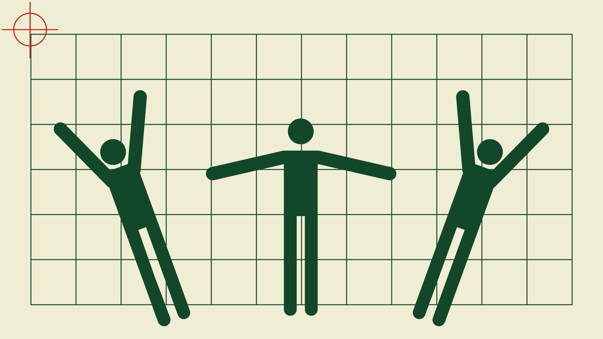 Illustration av tre gröna människofigurer. Figuren i mitten står med armarna utsträchta. De två figurerna på sidorna hoppar med armarna upp i luften.