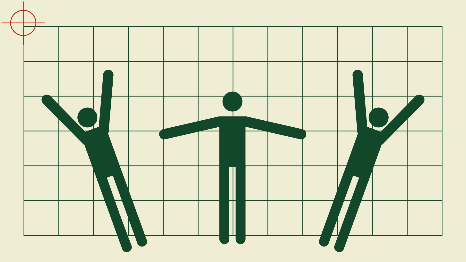 Illustration av tre gröna människofigurer. Figuren i mitten står med armarna utsträchta. De två figurerna på sidorna hoppar med armarna upp i luften.