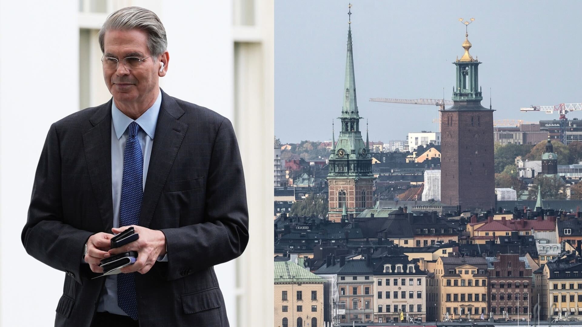 Scott Bessent till vänster och en bild över Stockholms stadssiluett till höger.
