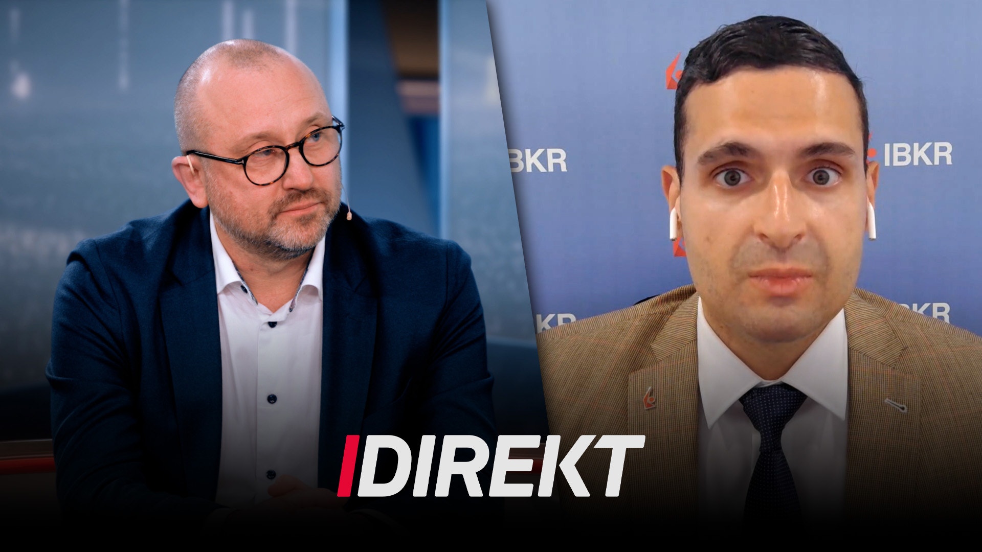 Två män i en direktsänd intervju eller diskussion, visade i delad skärm.