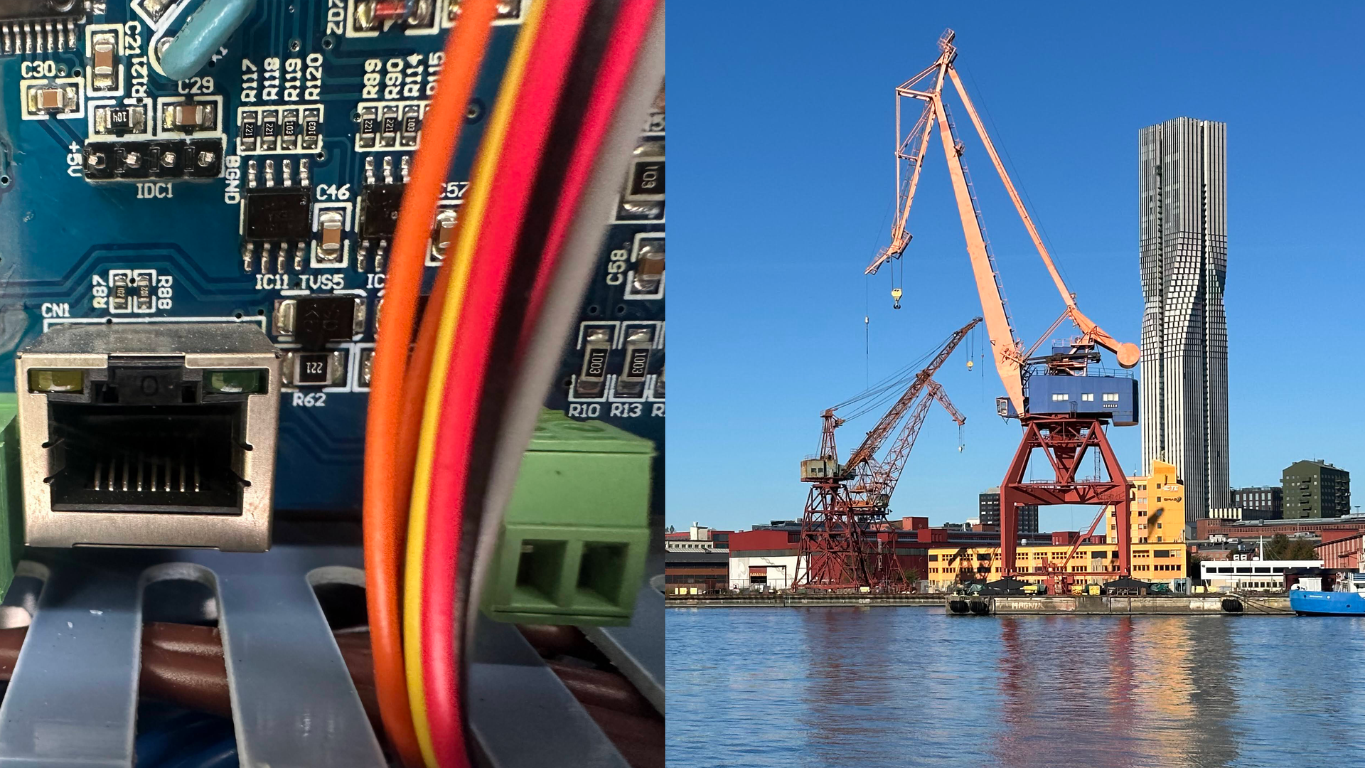 Elektronikkomponenter och hamnen i Göteborg med industriella kranar