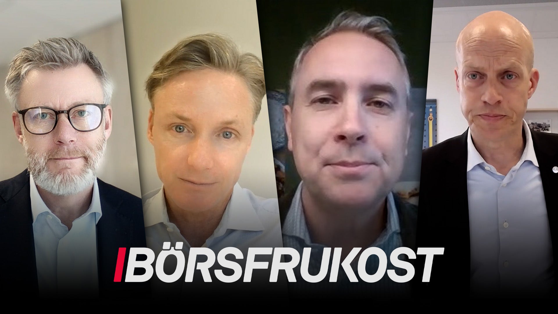 Fyra män i porträttbilder arrangerade i en rad. Text längst ned säger Börsfrukost.