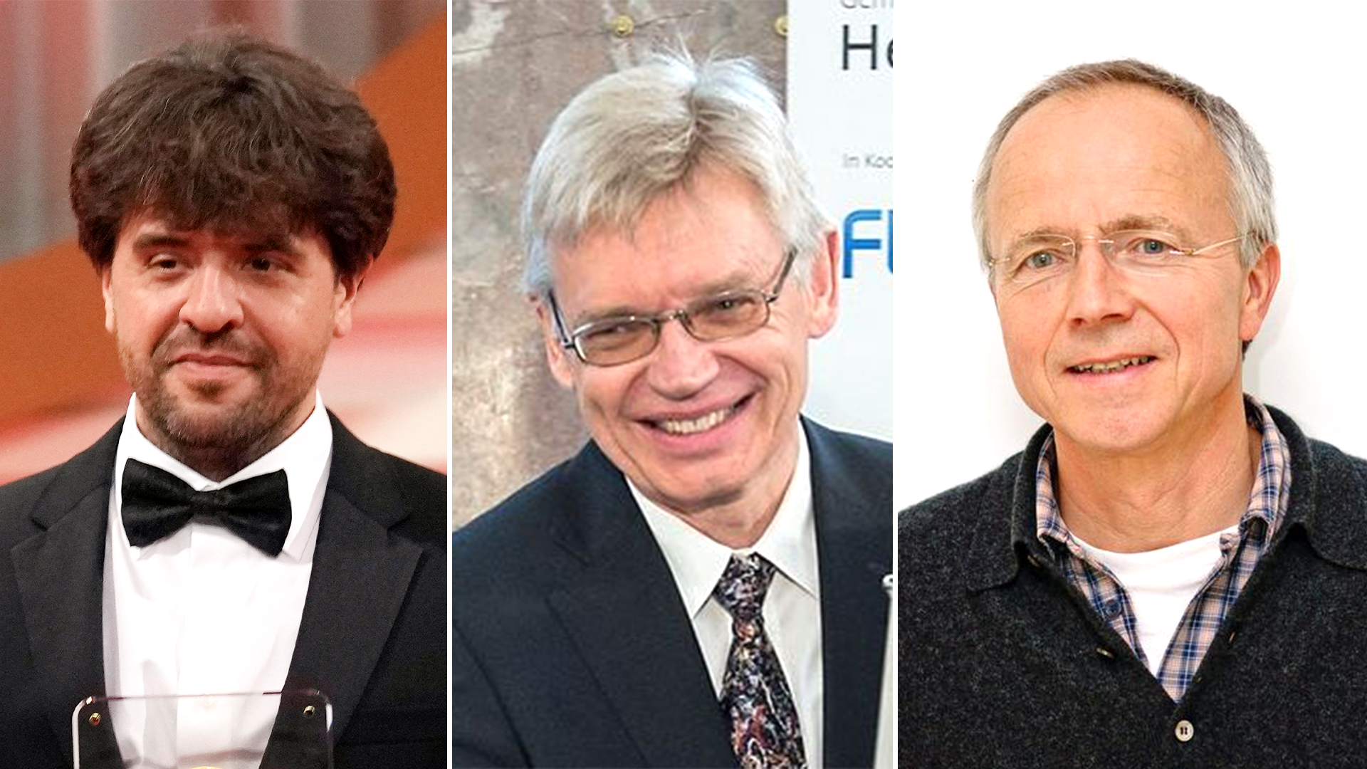 Tre porträttbilder sida vid sida som visar tre män, Nobelpristagarna i medicin.