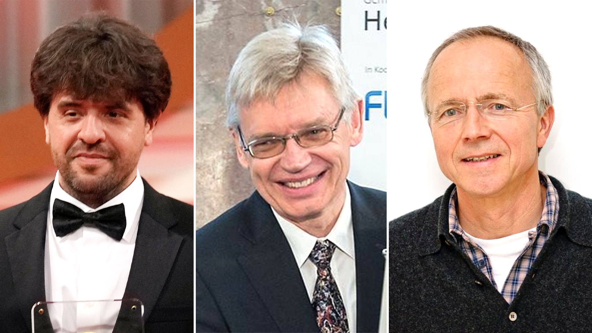 Tre porträttbilder sida vid sida som visar tre män, Nobelpristagarna i medicin.
