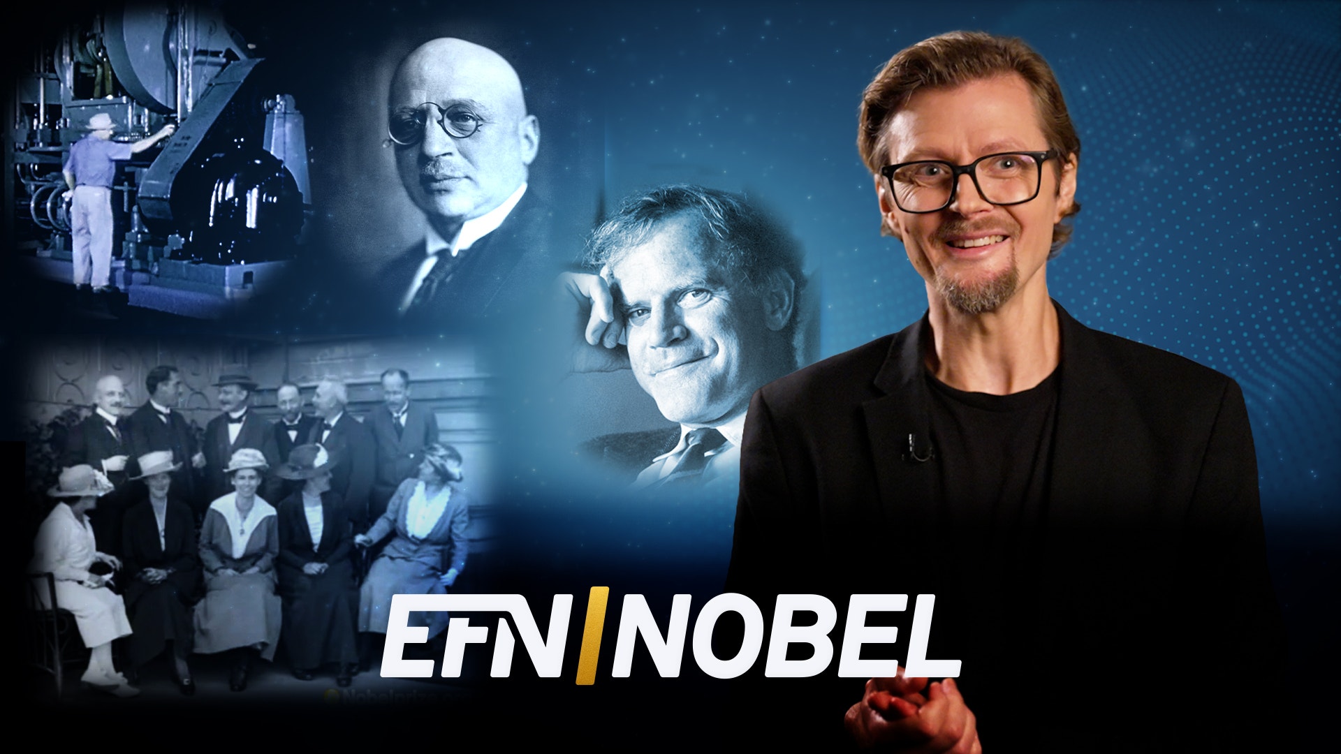 Leende man med glasögon och mörk kavaj bredvid ett collage med historiska svartvita bilder av forskare och en industrimiljö. Logotypen EFN Nobel syns längst ned.