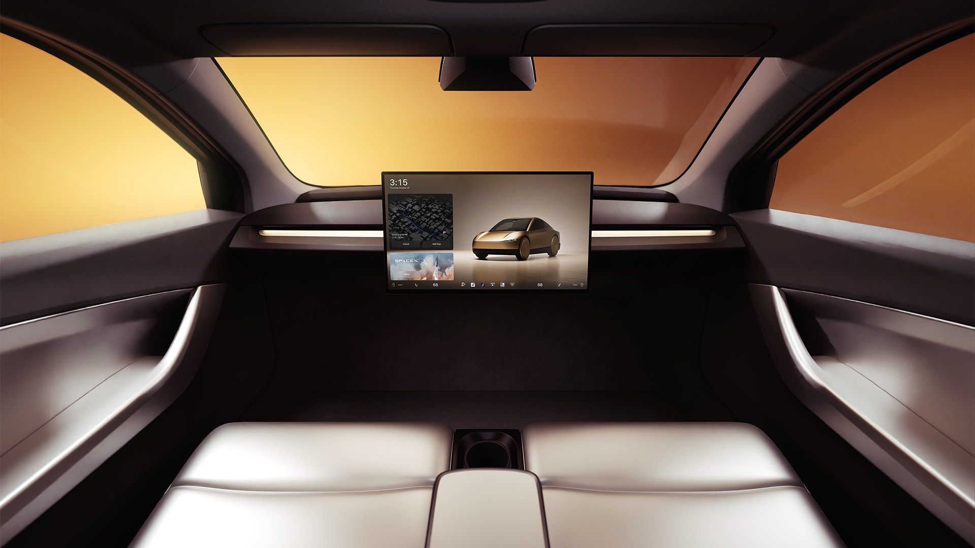 Interiör av en självkörande bil med instrumentpanel och central skärm som visar fordonsinformation och navigationsfunktioner.