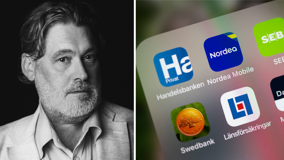 Rodney Alfvén till vänster, bild över bankappar till höger