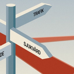 Illustration av ett vägkorsning med fyra vägskyltpilar märkta Finans, Trafik, Sjukvård och Rättsvåsende, som symboliserar AI:s påverkan på olika samhällsområden.
