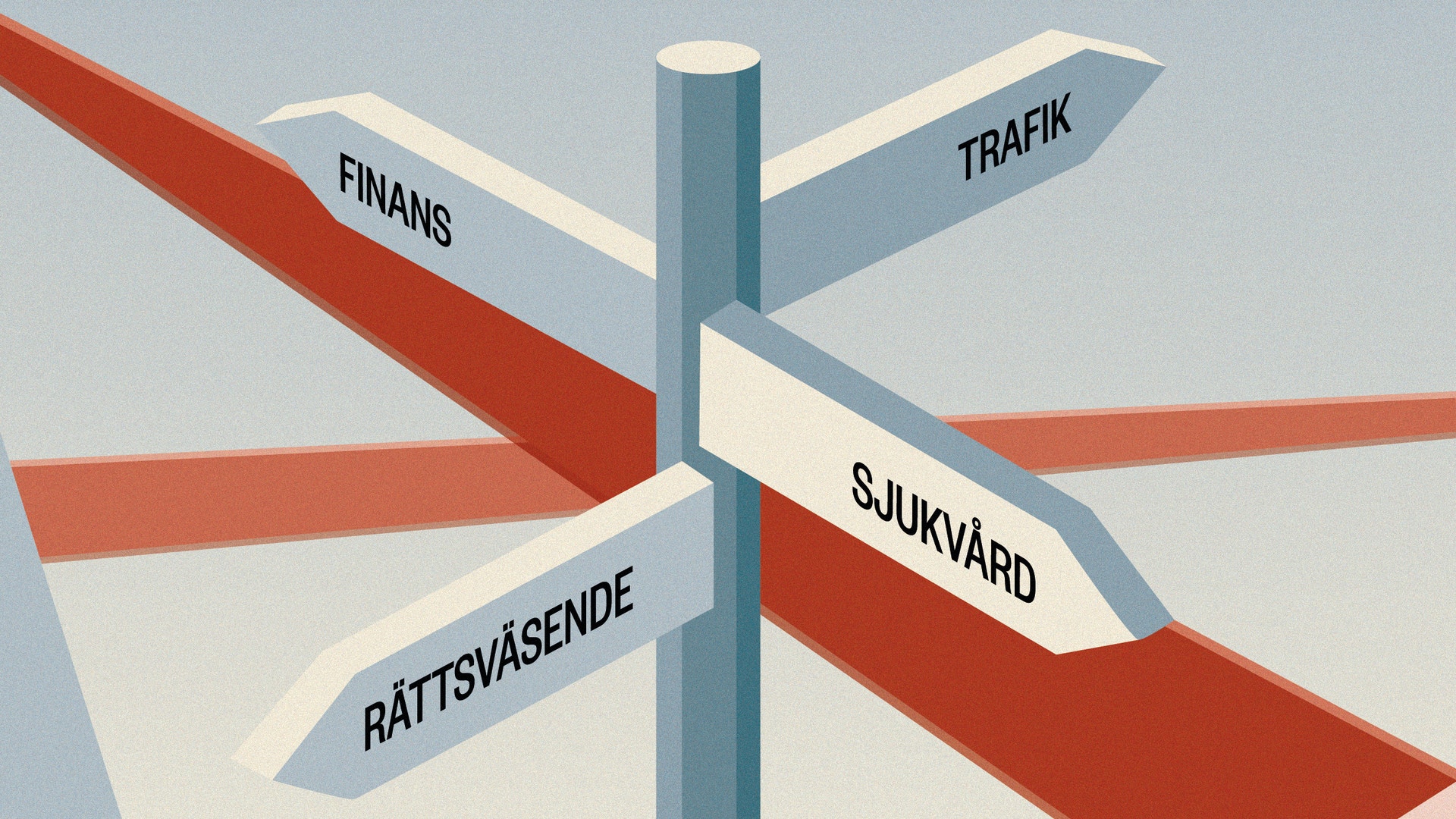 Illustration av ett vägkorsning med fyra vägskyltpilar märkta Finans, Trafik, Sjukvård och Rättsvåsende, som symboliserar AI:s påverkan på olika samhällsområden.