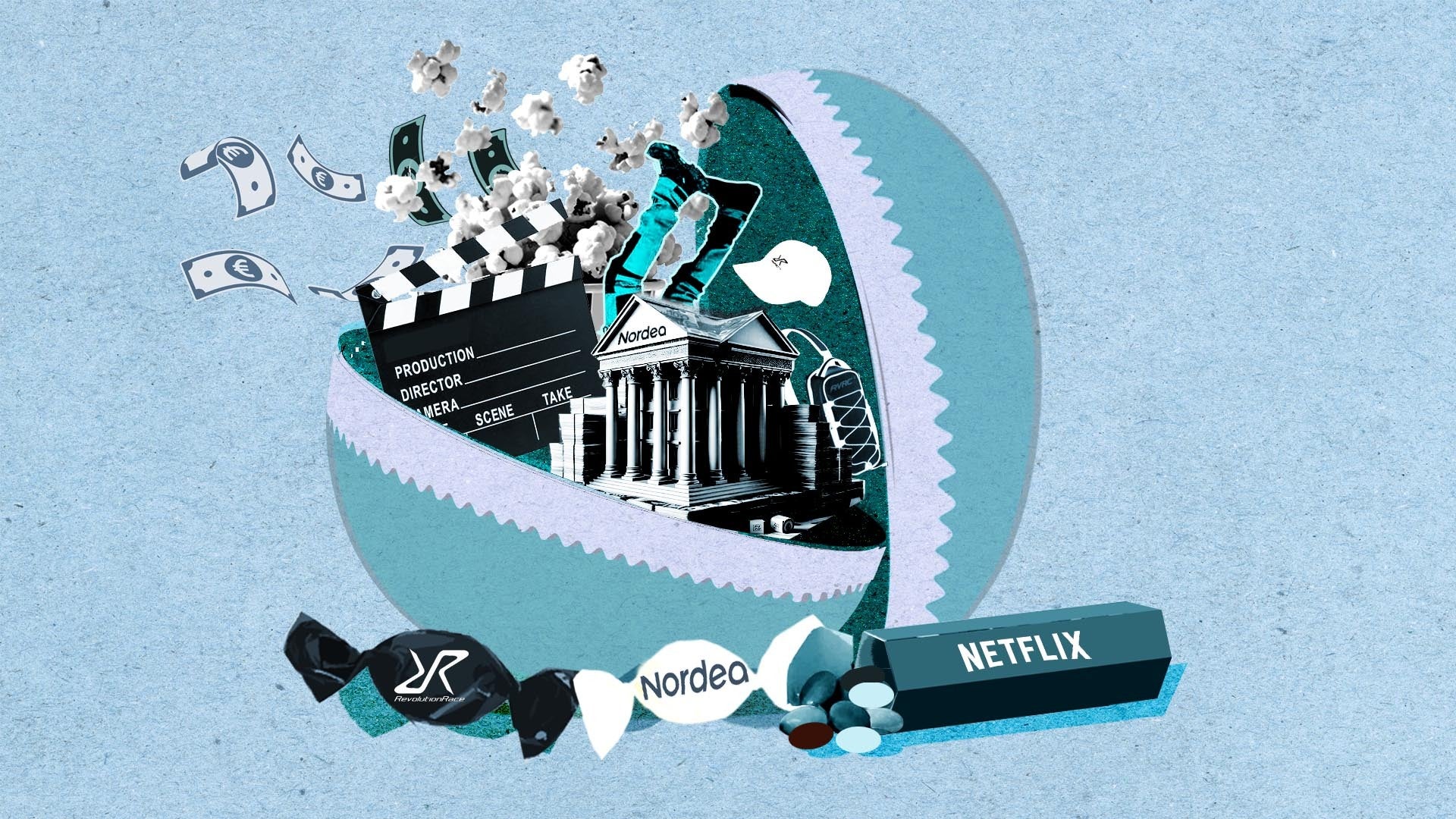 Illustration av filmproduktion och streaming med filmklaffar, kamera och streamingplattformslogotyper på ljusblå bakgrund.