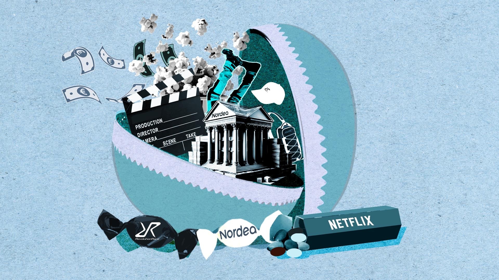 Illustration av filmproduktion och streaming med filmklaffar, kamera och streamingplattformslogotyper på ljusblå bakgrund.